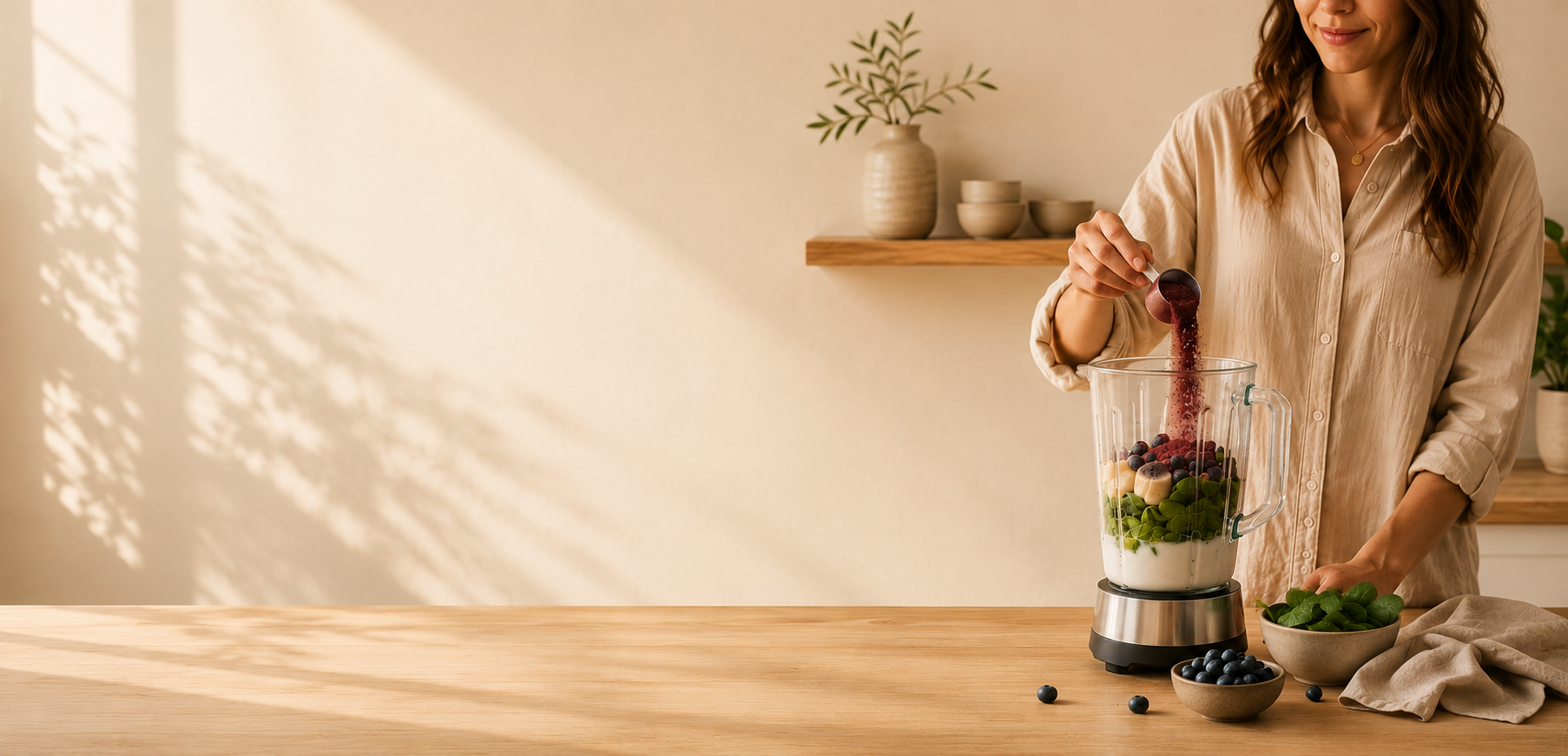 Woman preparing a berry and spinach smoothie in a blender with blueberries and fresh greens on the kitchen counter.