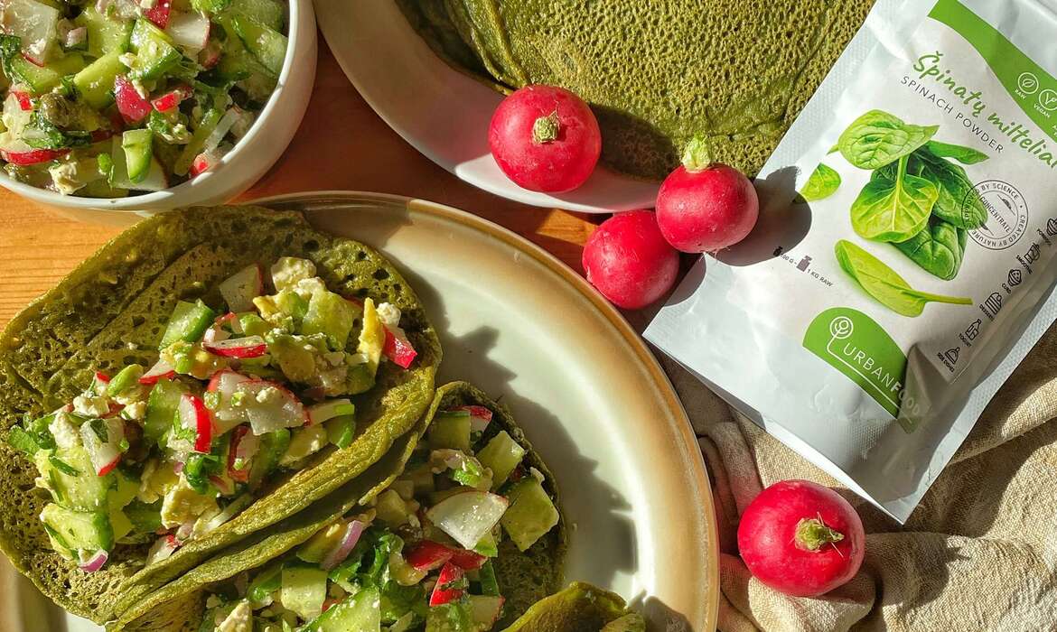 Spinach & lentil pancakes with spring radish and cucumber salad
