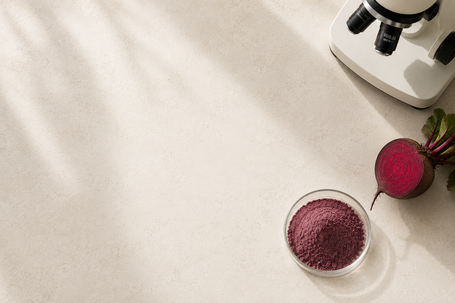 Beetroot powder in a glass dish beside a fresh beetroot and laboratory microscope.