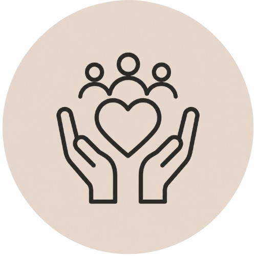Family care icon showing three people above a heart supported by two hands.