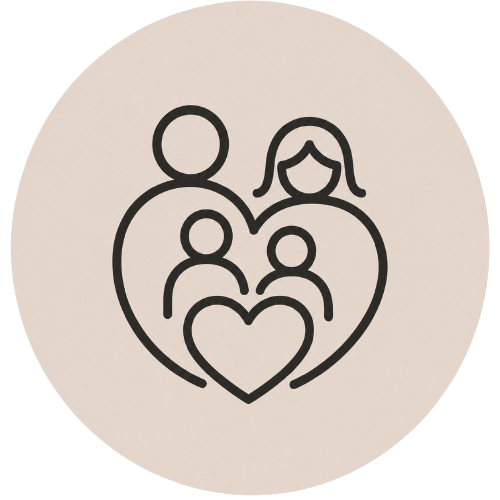 Family wellness icon showing two adults, two children, and a heart.