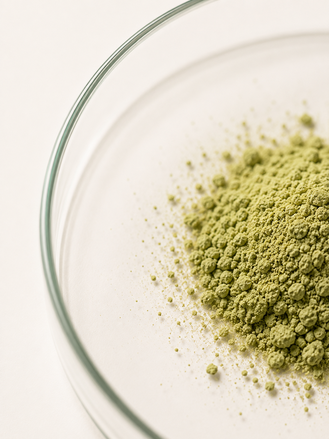 Close-up of green superfood powder in a clear glass bowl
