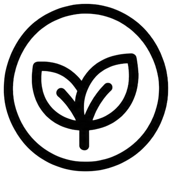 plant-based icon showing two leaves inside a circular outline