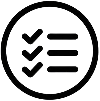Quality checklist icon showing three check marks beside horizontal lines.