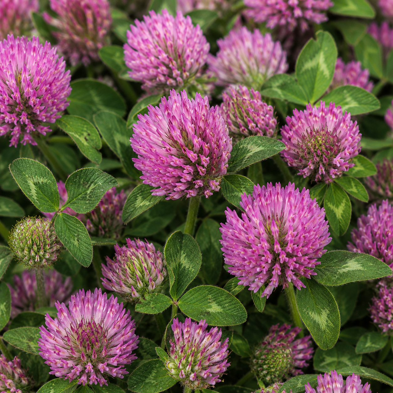 Pink-red clover flowers (Trifolium pratense) growing among green trifoliate leaves.
