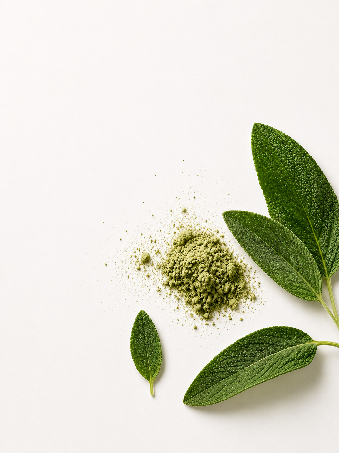 Green sage leaf powder displayed beside fresh sage leaves on a light background.
