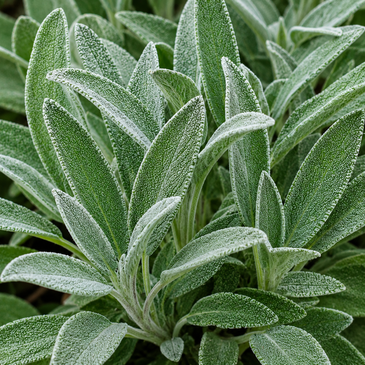 Fresh green sage leaves with a soft, textured surface growing on the plant.