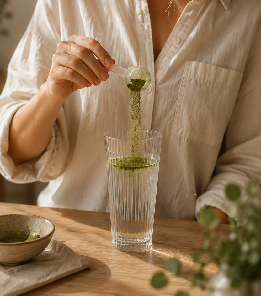 Woman adding green Urbanfood superfood powder to a glass of water