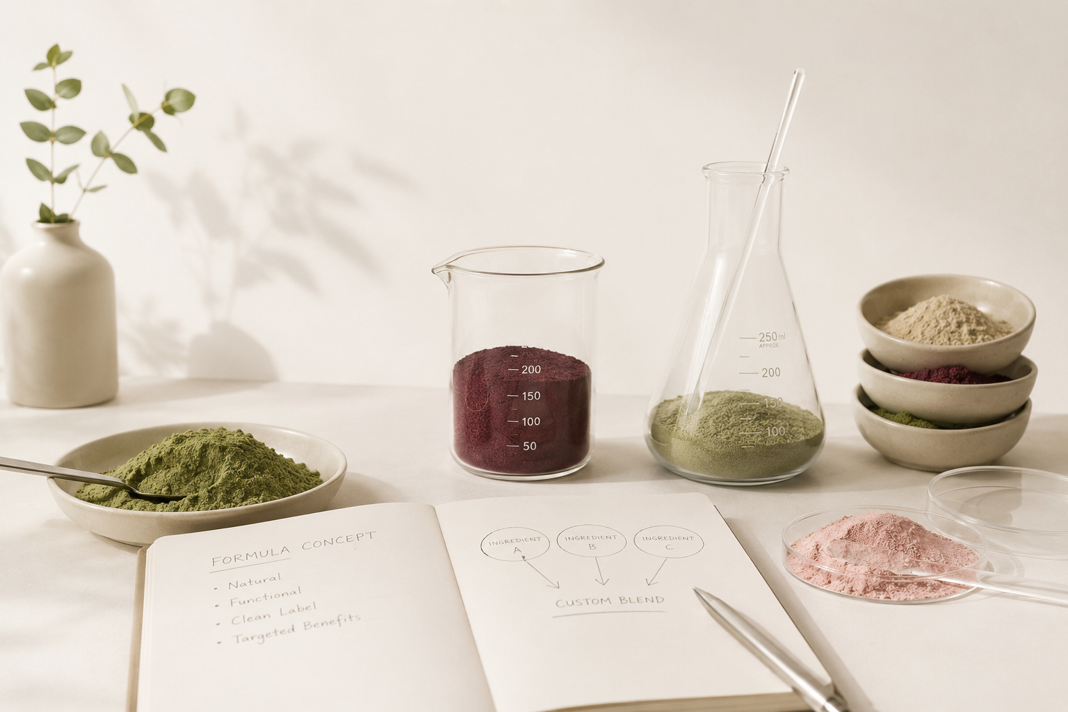 Natural powder blends in laboratory glassware beside an open notebook showing a custom formula concept.