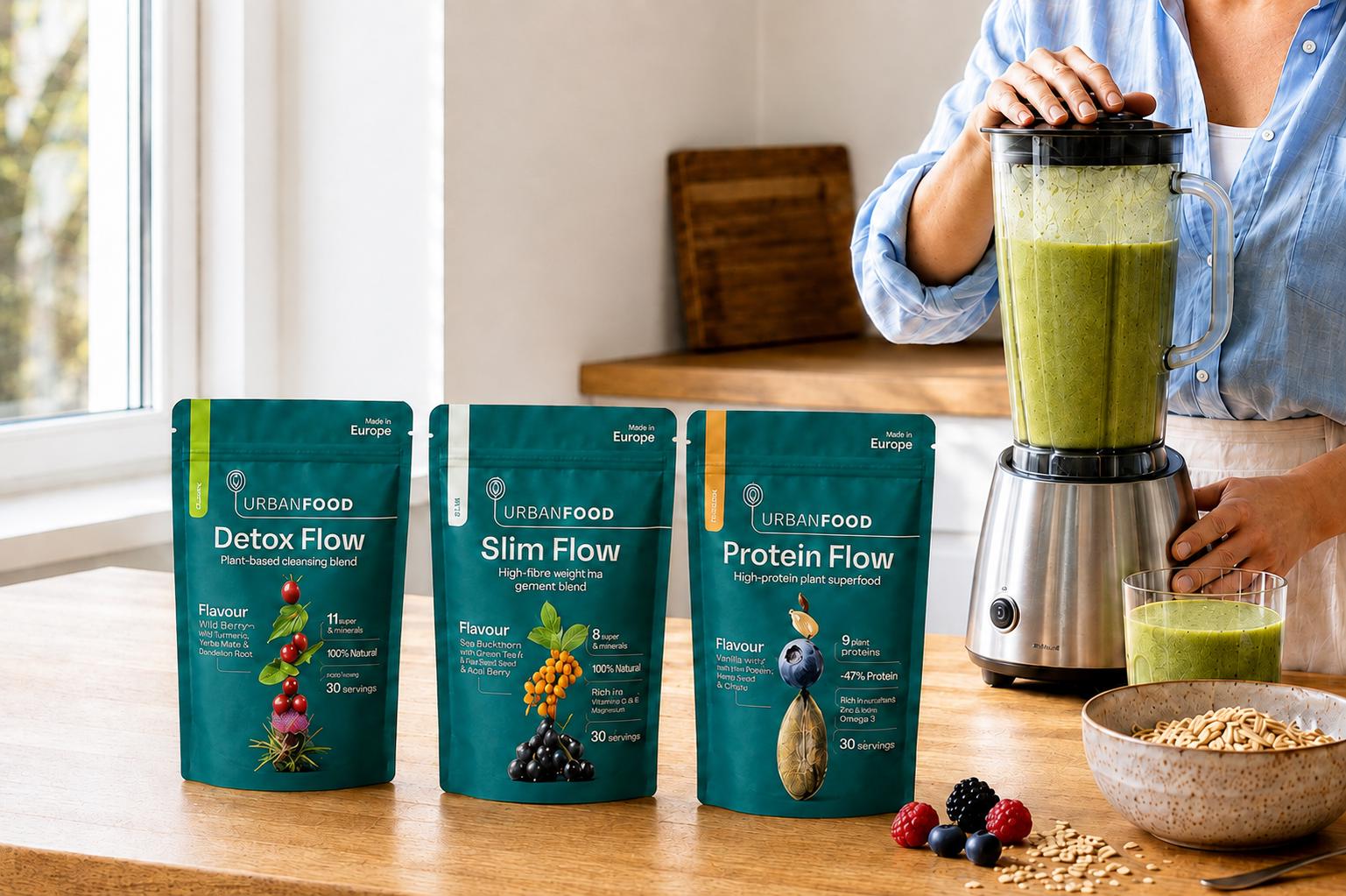 Urbanfood Detox Flow, Slim Flow, and Protein Flow pouches beside a blender with a freshly prepared green smoothie.