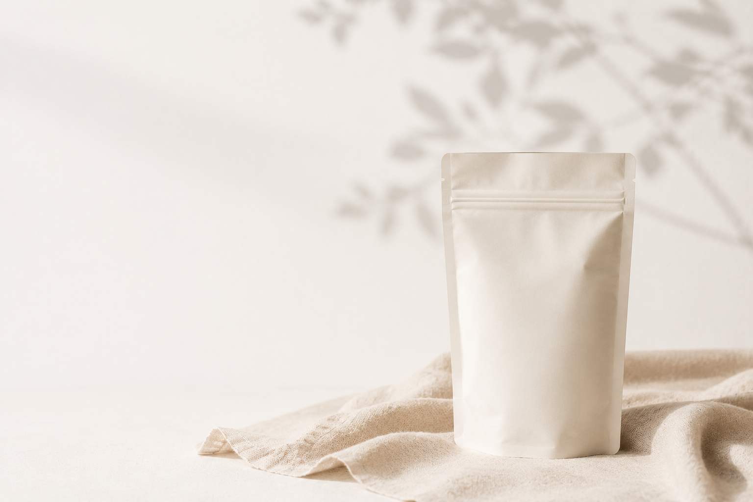 Plain resealable stand-up pouch displayed on a neutral fabric surface with soft botanical shadows in the background.