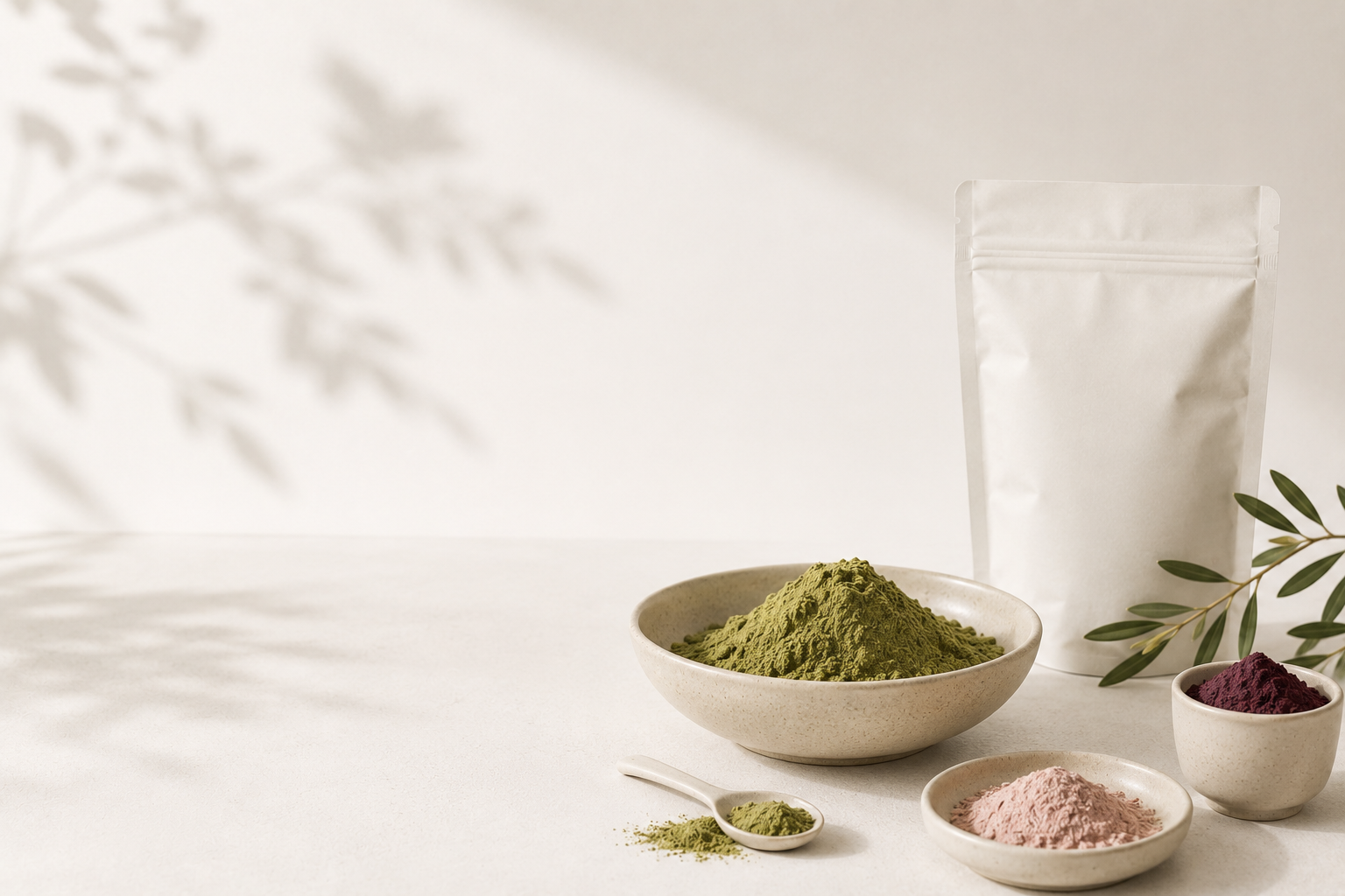Bowls of green, pink, and berry-colored superfood powders displayed beside a plain resealable pouch on a light countertop.